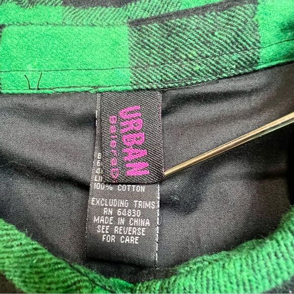 Urban Groove Green Black Plaid Pearl Snap Grunge Y2K Button Down Flannel Shirt L - Picture 9 of 10